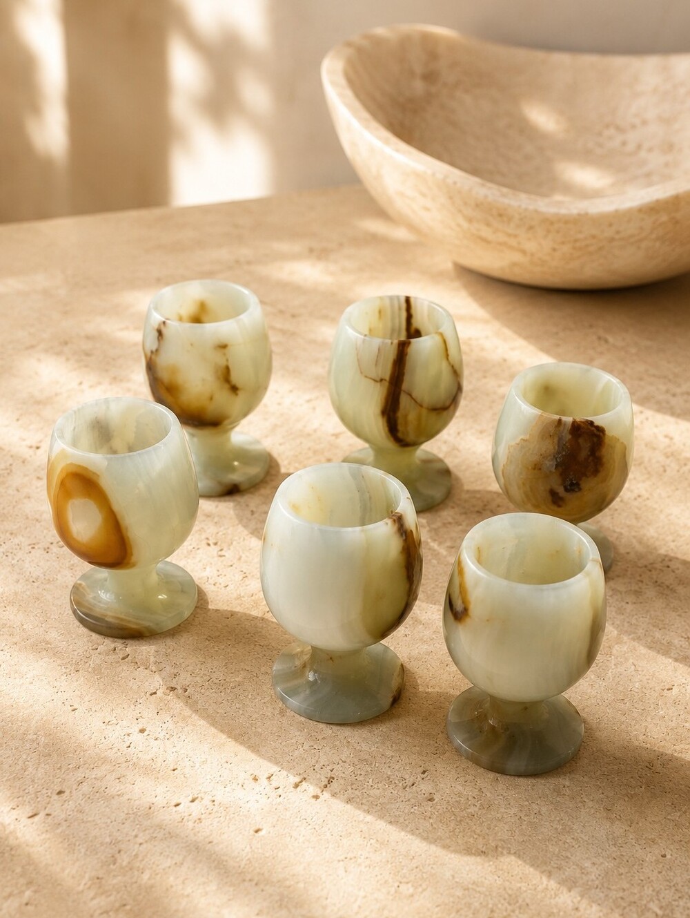 Vintage Carved Onyx Egg Cups Set of 6 MCM Stone Goblets Mexico